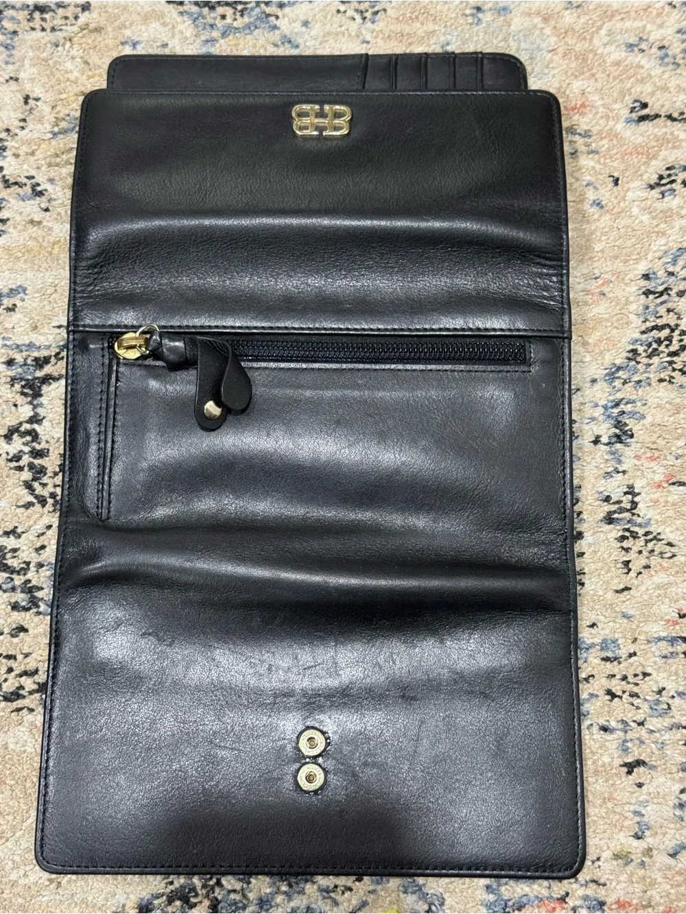 BOSCA Black Leather Italian wallet with Gold Tone Logo